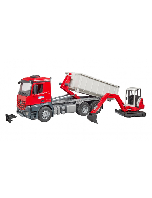 MB AROCS TRUCK MET CONTAINER EN SCHAEFF MINI GRAAFMACHINE