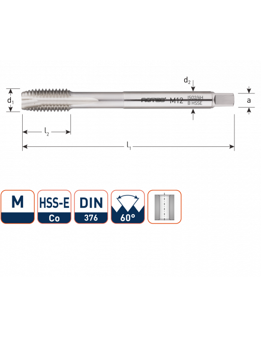 HSS-E MACHINETAP, DOORLOPEND, DIN 376, M12
