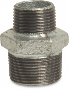 PROFEC NR. 245 VERLOOPNIPPEL GIETIJZER GEGALVANISEERD 1 1/2&quot; X 1 1/4&quot; BUITENDRAAD 25BAR DVGW